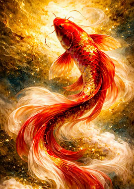 Vibrant Koi Fish in Golden Swirls