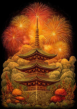 Pagoda with Fireworks and Clouds