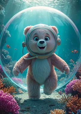Cute Teddy Bear Astronaut Underwater – Kawaii Ocean Space Suit, Fantasy Aquarium Wall Art