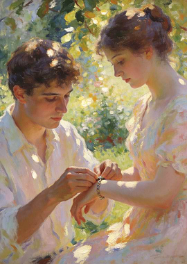 Couple fastening bracelet in garden