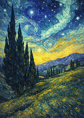 Starry Night Landscape with Cypress Trees