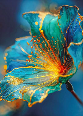 Blue Flower Gold Vein Painting