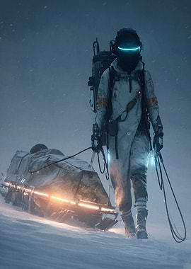 Astronaut pulling a cargo sled in snow