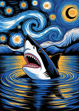 Shark in Starry Night Water
