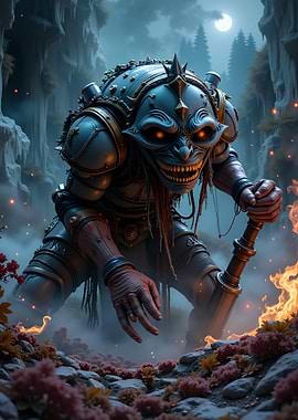 Fantasy Monster Warrior in Misty Forest