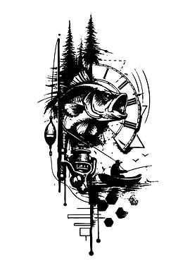 Fishing Scene with Bass and Clock