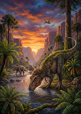 Prehistoric Landscape with Dinosaurs and Pterodactyls