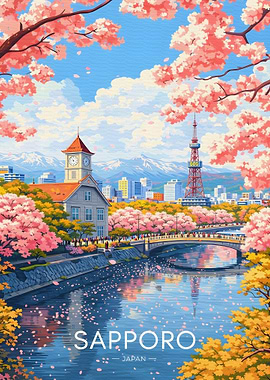 Sapporo Cityscape with Cherry Blossoms