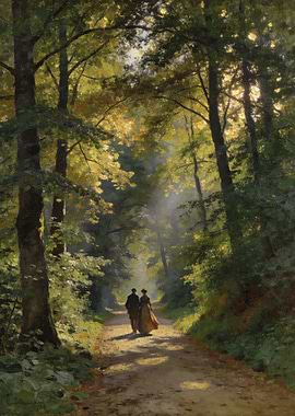 Couple walking in a sunlit forest path