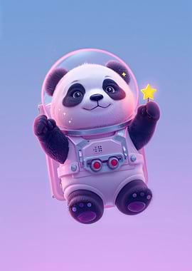 Cute Panda Astronaut Holding a Star – Kawaii Space Wall Art, Pastel Galaxy Fantasy Illustration