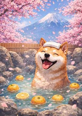 Shiba Inu in Hot Spring with Mt. Fuji
