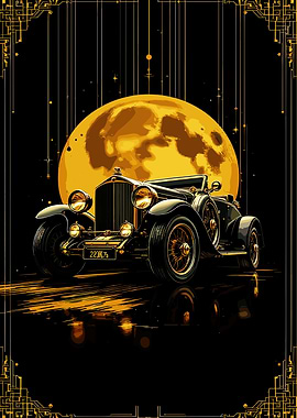 Vintage Car Under a Full Moon