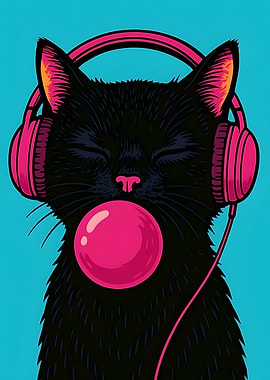 Black Cat with Headphones