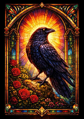 Raven in Stained Glass Window