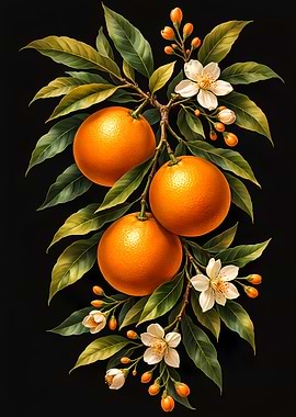 Orange Branch with Fruit and Flowers