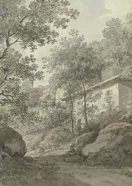 Watercolor painting of a house and church in a forest