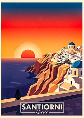 Santorini Greece Sunset Travel Poster