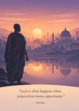 Seneca quote at sunset cityscape