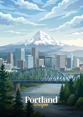 Portland Oregon Cityscape with Mountain