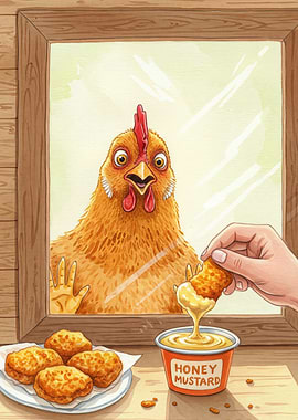 Chicken looking at honey mustard chicken nuggets