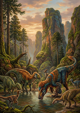 Dinosaurs drinking at a watering hole