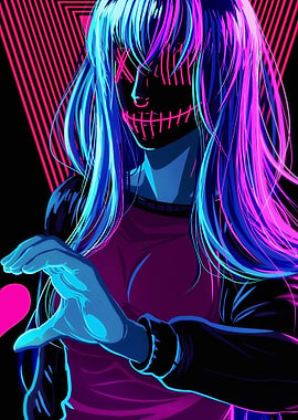 Neon Masked Figure with Pink and Blue Hair