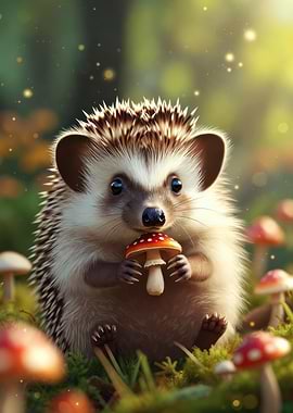 Cute Hedgehog Holding a Mushroom