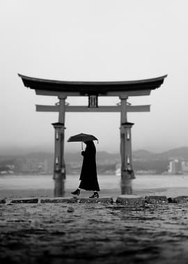 Woman with Umbrella at Torii Gate