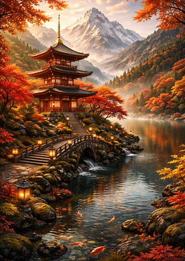 Japanese Pagoda by Autumn Lake