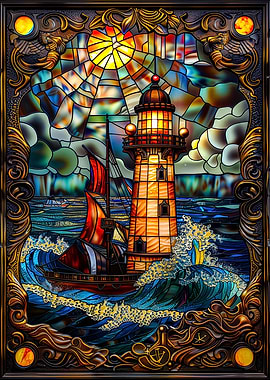 Stained Glass Lighthouse and Ship