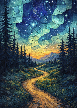 Stained Glass Forest Path Under Starry Sky