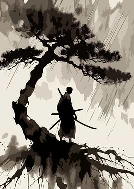 Samurai Under a Pine Tree in the Rain