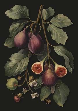 Vintage Fig Branch with Fruits and Flowers