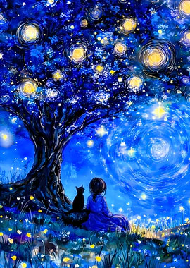 Girl and Cat Under Starry Tree