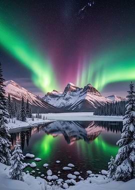 Aurora Borealis Over Snowy Mountains