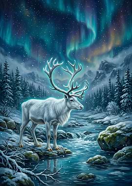 Reindeer Under Aurora Borealis
