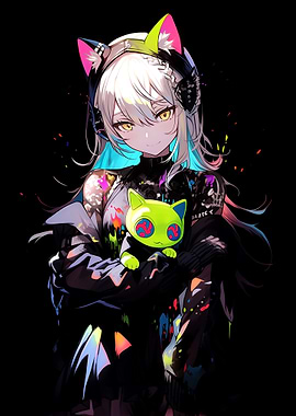 Anime Girl Holding Cat Plush