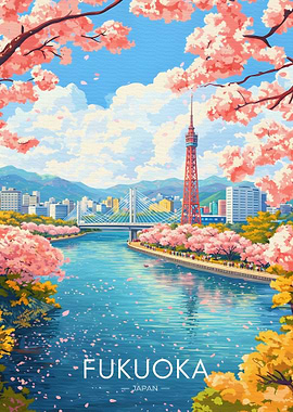 Fukuoka Cityscape with Cherry Blossoms