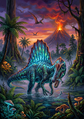 Spinosaurus hunting in prehistoric jungle