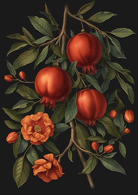 Pomegranate Branch with Flowers