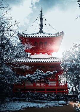 Red Pagoda in Snowy Japanese Garden