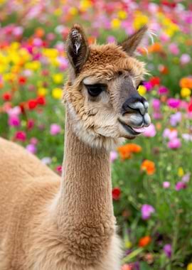 Alpaca in a field of flowers