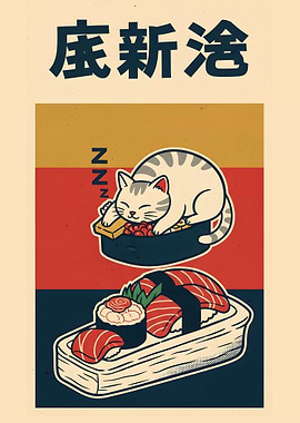 Sleeping Cat on Sushi