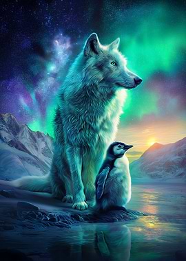 Wolf and Penguin Under Aurora