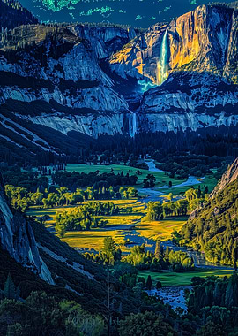 Yosemite Valley Waterfall at Sunset