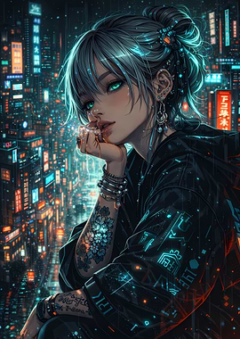 Cyberpunk Anime Girl in City