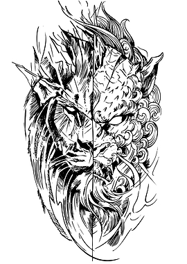 Split Lion and Tiger Face Tattoo Design