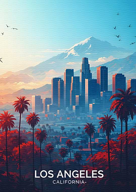 Los Angeles Cityscape with Mountains and Palms