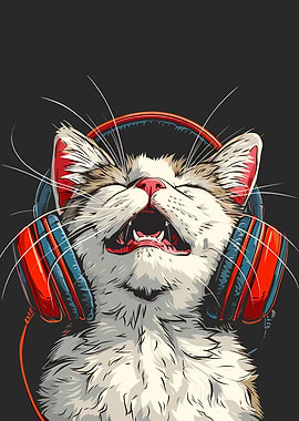 Cat with Headphones Listening to Music