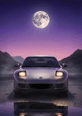 RX7 90s Twin Turbo Coupe Under Full Moon